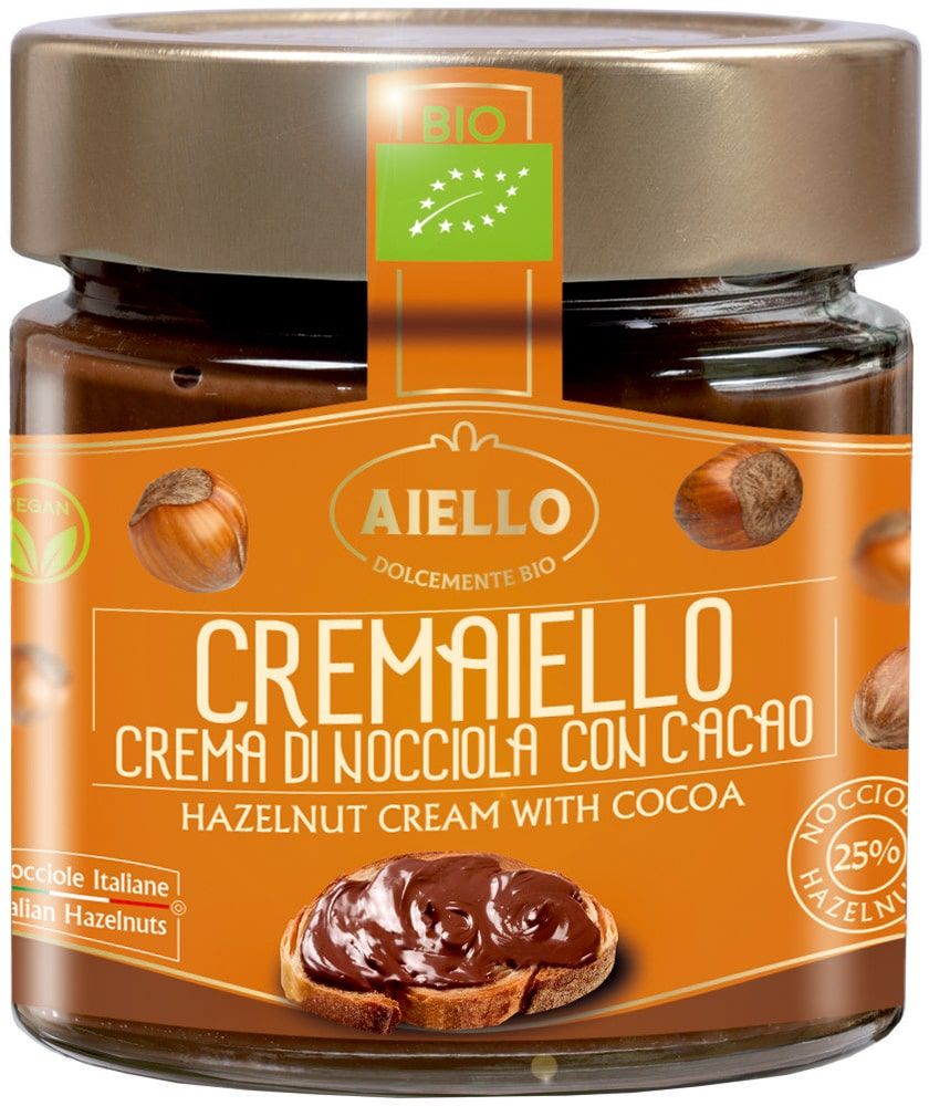Šokoladinis lazdynų riešutų 25% kremas, ekologiškas AIELLO, 200 g