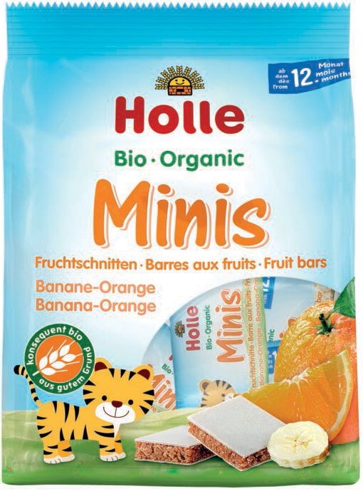 Mini batonėliai su bananais ir apelsinais, nuo 12 mėn. amžiaus, ekologiški HOLLE, 8 x 12.5 g