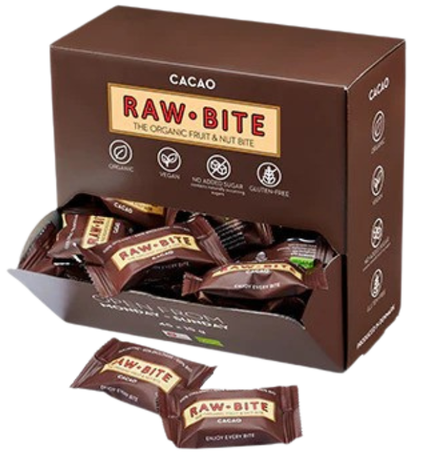 Batonėliai su kakava, ekologiški, dėžutėje (mini) RAWBITE, 45 vnt. x 15 g