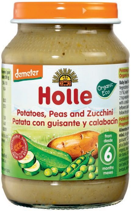 Bulvių, žirnelių ir cukinijų tyrelė kūdikiams nuo 6 mėn., biodinaminė HOLLE, 190 g