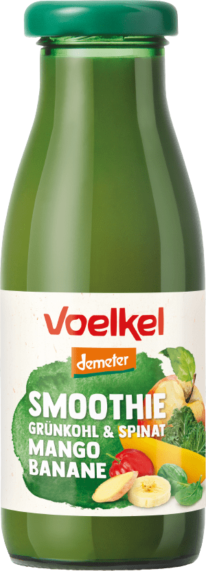 Mangų, bananų, lapinių kopūstų ir špinatų glotnutis, biodinaminis VOELKEL, 250 ml