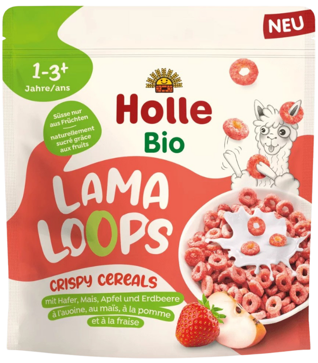 Traškūs sausi pusryčiai su braškėmis LAMA LOOPS, ekologiški HOLLE, 125 g