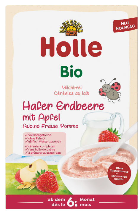 Pieniška avižų košė su braškėmis ir obuoliais kūdikiams nuo 6 mėn., ekologiška HOLLE, 250 g
