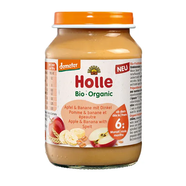 Apple and banana puree with spelt flakes for babies from 6 months, biodynamic HOLLE, 190 g