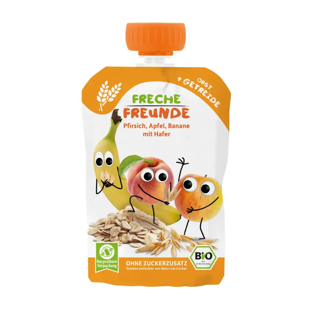 Peach, apple and banana puree with oat flakes, from 6 months, FRECHE FREUNDE