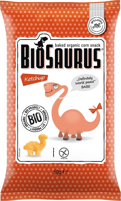 Kepti kukurūzų traškučiai su kečupo prieskoniais, ekologiški BIOSAURUS, 50 g