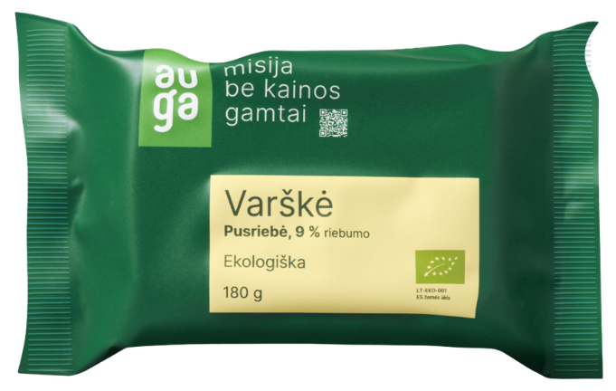 Ekologiška pusriebė varškė 9% riebumo AUGA, 180 g