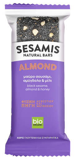 Juodųjų sezamų ir medaus batonėlis su migdolais „Almond Noir“, ekologiškas SESAMIS, 34 g
