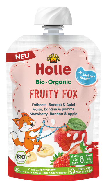 Braškių, bananų ir obuolių tyrelė su jogurtu FRUITY FOX, kūdikiams nuo 8 mėn., ekologiška HOLLE, 100 g