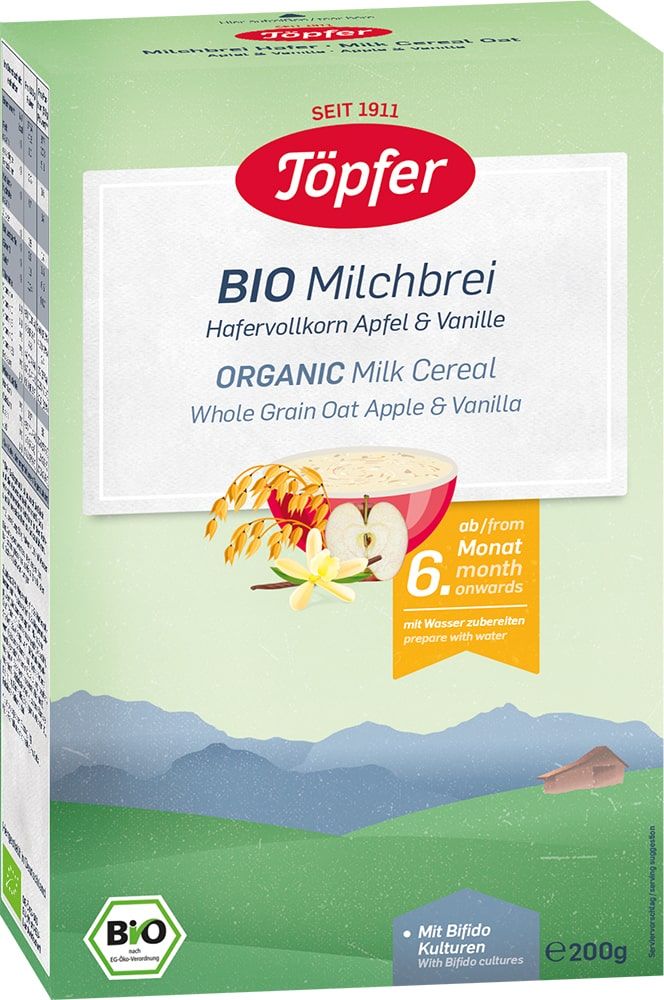 Pieniška avižų košė su obuoliais ir vanile kūdikiams nuo 6 mėn., ekologiška TÖPFER, 200 g