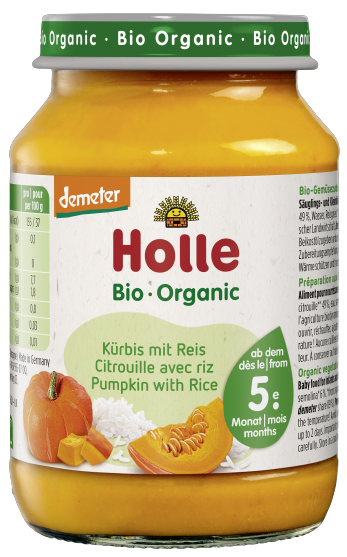 Moliūgų ir ryžių tyrelė kūdikiams nuo 5 mėn., biodinaminė HOLLE, 190 g