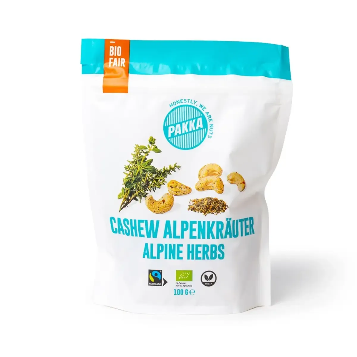 Kepinti anakardžių riešutai su žolelėmis CASHEW ALPINE HERBS, ekologiški PAKKA