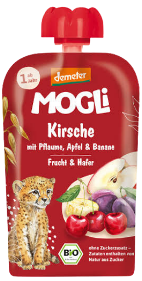Vyšnių, slyvų, obuolių, bananų ir avižų tyrelė, biodinaminė 100 g MOGLI