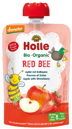Obuolių ir braškių tyrelė RED BEE, kūdikiams nuo 8 mėn., biodinaminė HOLLE, 100 g