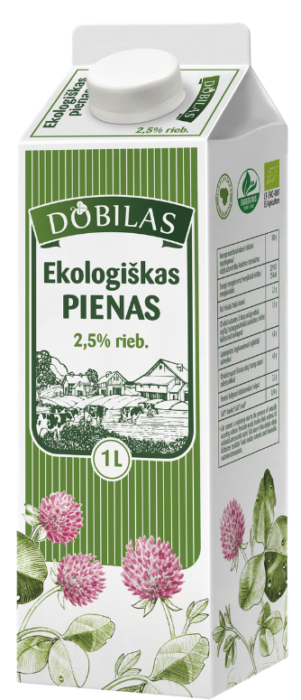 Pienas, 2.5% riebumo, ekologiškas DOBILAS, 1 l
