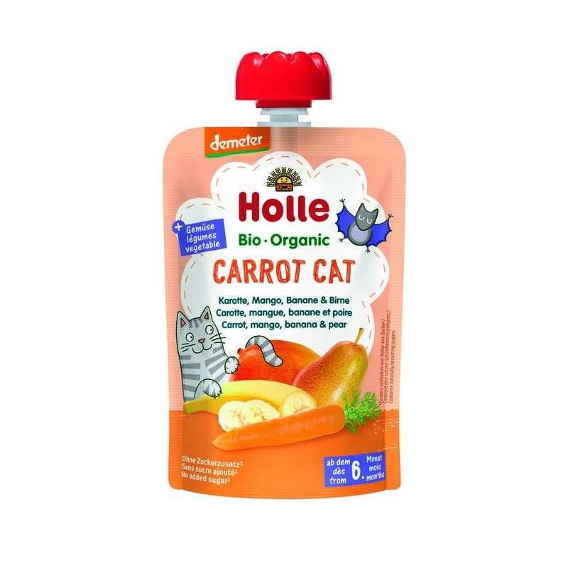 Morkų tyrelė su mangais, bananais ir kriaušėmis CARROT CAT, kūdikiams nuo 6 mėn., biodinaminė HOLLE, 100 g