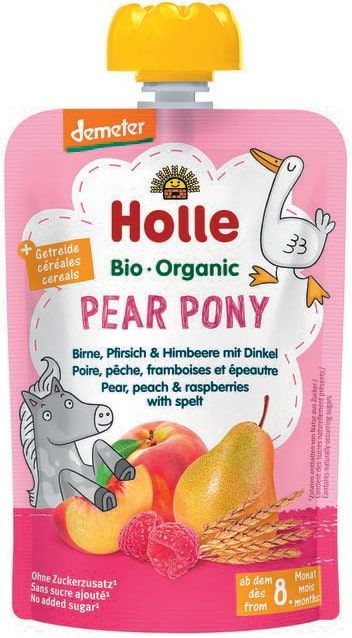 Kriaušių, persikų, aviečių ir speltų tyrelė PEAR PONY, kūdikiams nuo 8 mėn., biodinaminė HOLLE, 100 g