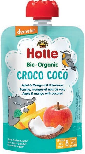 Obuolių tyrelė su mangais ir kokosais CROCO COCO, kūdikiams nuo 6 mėn., biodinaminė HOLLE, 100 g