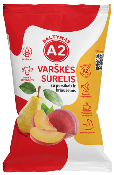 Varškės sūrelis iš A2 pieno, su persikais ir kriaušėmis ŽEMAITIJOS PIENAS, 100g