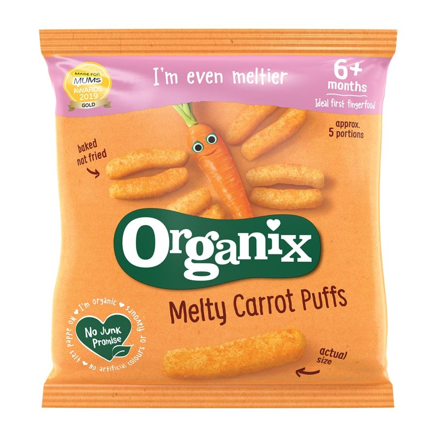 Kukurūzų trapučiai su morkomis MELTY CARROT PUFFS, nuo 6 mėn. ORGANIX