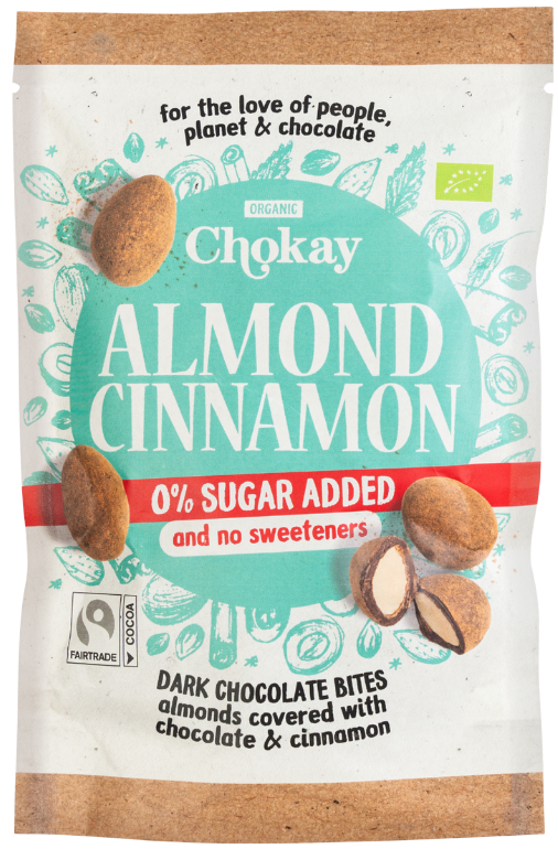 Migdolai juodajame šokolade su cinamonu, ekologiški CHOKAY, 85 g