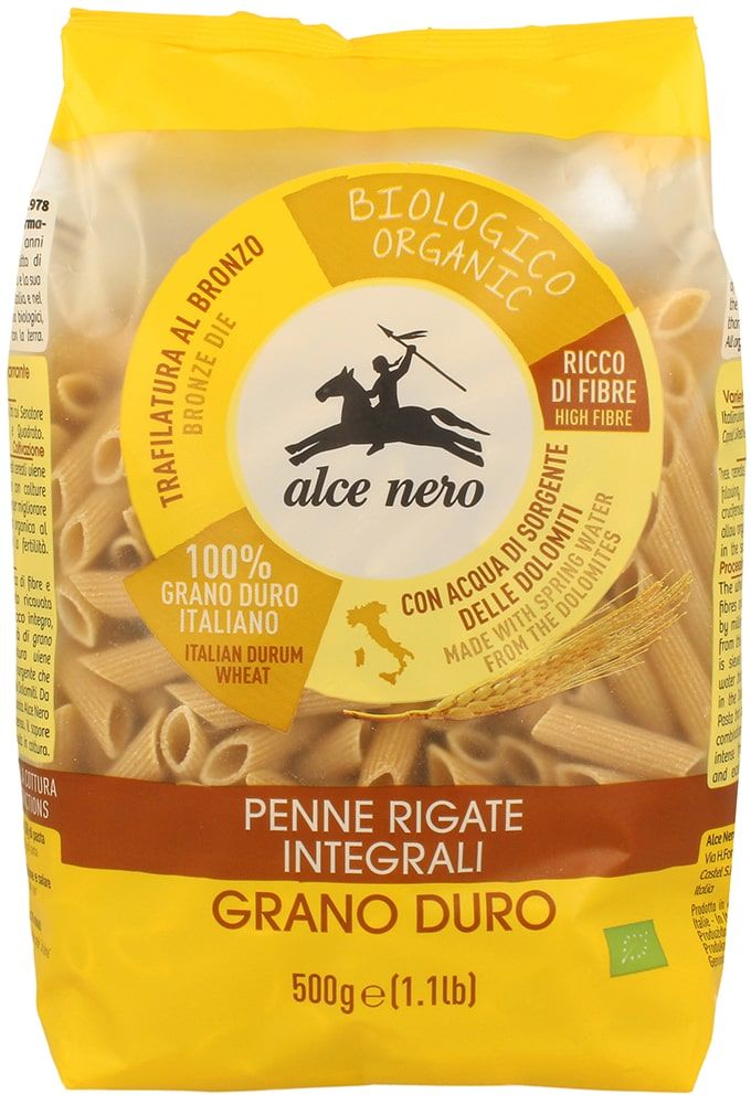 Pilno grūdo kviečių makaronai PENNE RIGATE, ekologiški ALCE NERO, 500 g