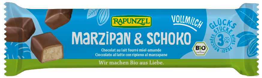 Marzipan covered with whole milk chocolate, organic