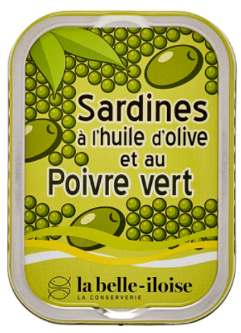 Sardinės alyvuogių aliejuje su žaliaisiais pipirais LA BELLE-ILOISE, 115 g