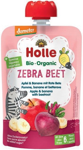 Obuolių tyrelė su bananais ir burokėliais ZEBRA BEET, kūdikiams nuo 6 mėn., biodinaminė HOLLE, 100 g