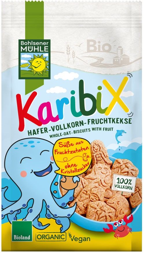 Pilno grūdo avižiniai sausainiai su vaisiais KARIBIX, ekologiški BOHLSENER MÜHLE, 125 g
