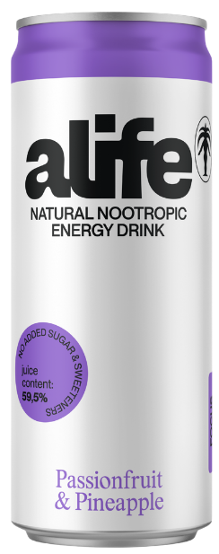 Pasiflorų ir ananasų skonio gazuotas energinis gėrimas ALIFE, 330 ml