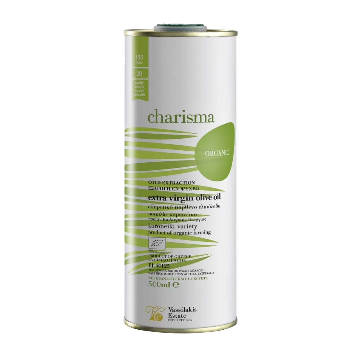 Alyvuogių aliejus extra virgin CHARISMA ORGANIC, skardinėje, ekologiškas, 500 ml VASSILAKIS