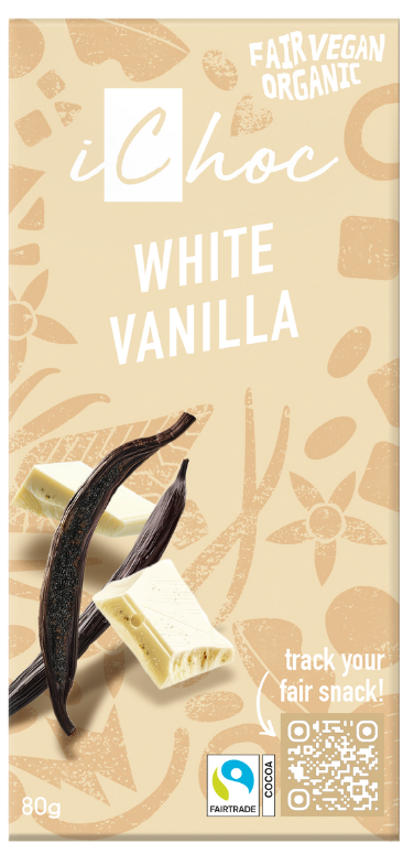 Baltasis šokoladas WHITE VANILLA, ekologiškas ICHOC