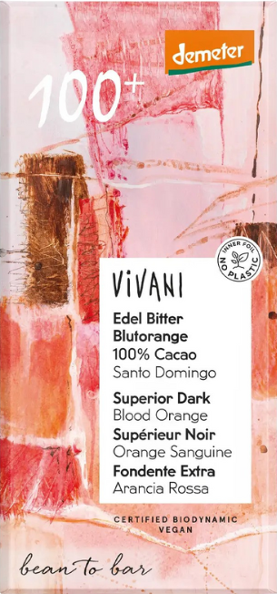 Dark chocolate 100% with red orange oil, biodynamic VIVANI, 90 g