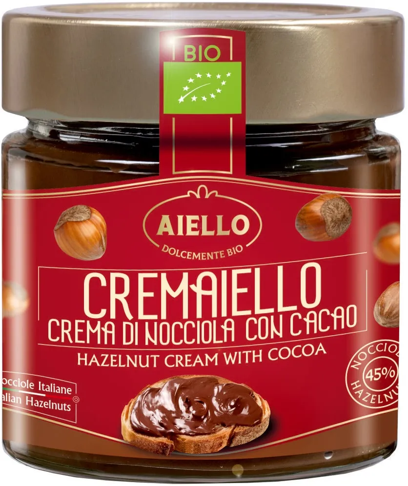 Šokoladinis lazdynų riešutų 45% kremas, ekologiškas AIELLO, 200 g