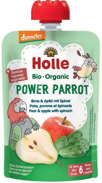 Kriaušių, obuolių ir špinatų tyrelė POWER PARROT, kūdikiams nuo 6 mėn., biodinaminė HOLLE, 100 g