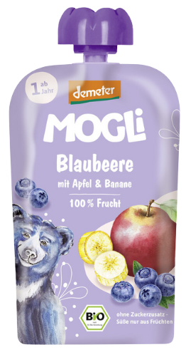 Šilauogių, obuolių ir bananų tyrelė, biodinaminė MOGLI, 100 g