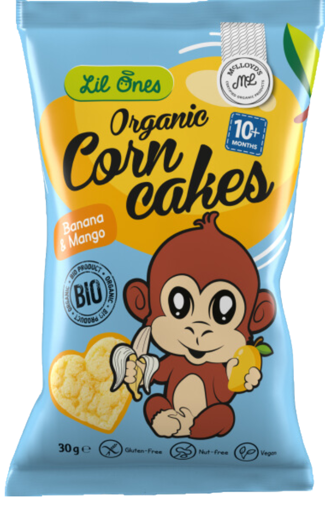 Kukurūzų trapučiai su bananais ir mangais kūdikiams nuo 10 mėn., ekologiški LIL ONES, 30 g