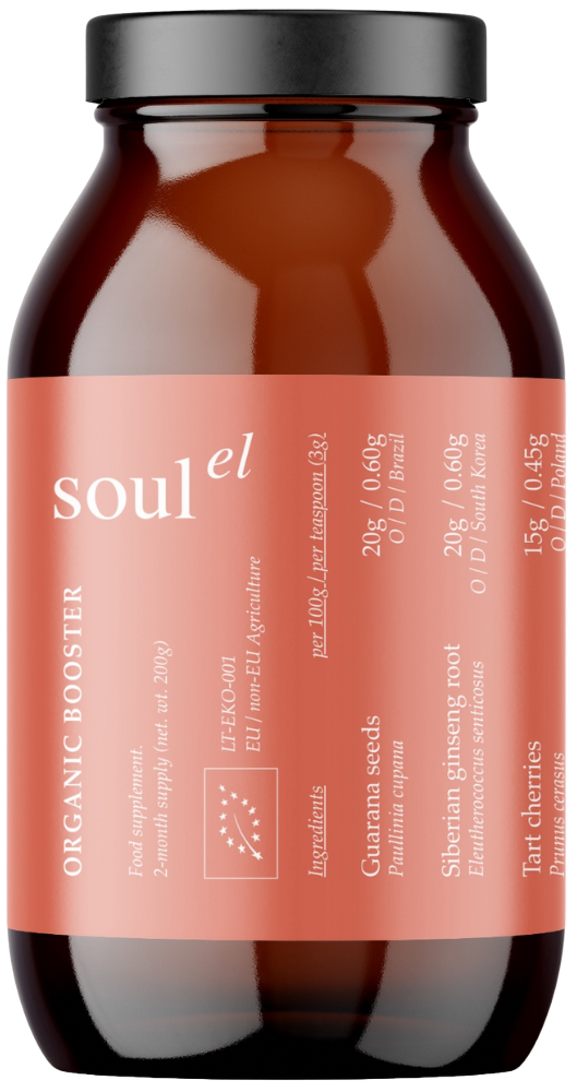 Supermaisto mišinys energijai BOOSTER, ekologiškas. Maisto papildas SOULEL, 200 g