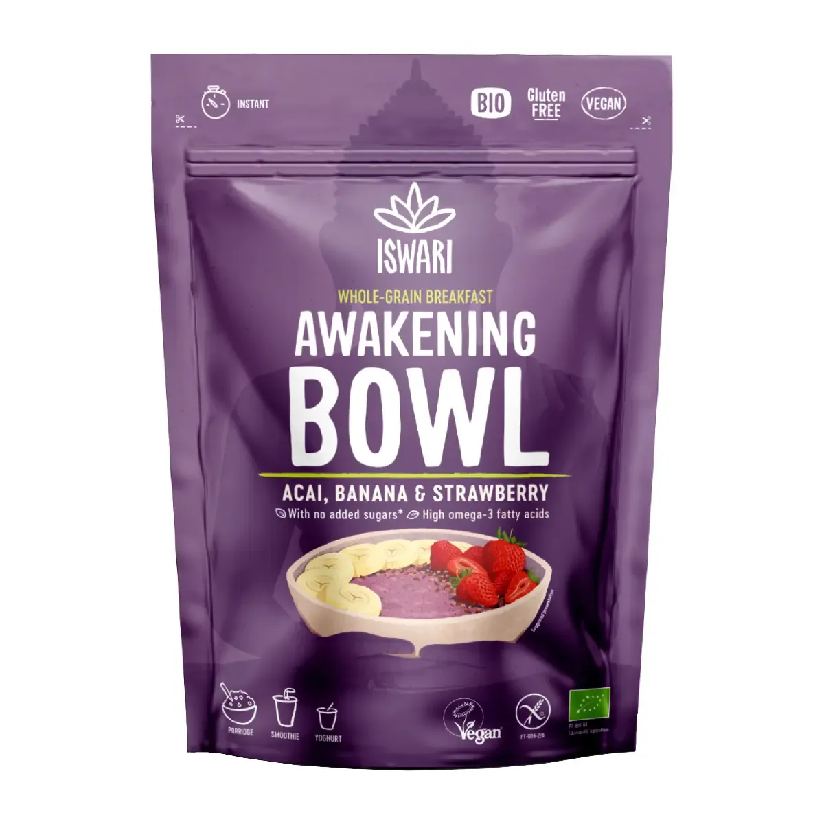 Mišinys pusryčių dubenėliui ACAI, BANANA & STRAWBERRY, ekologiškas ISWARI, 360 g