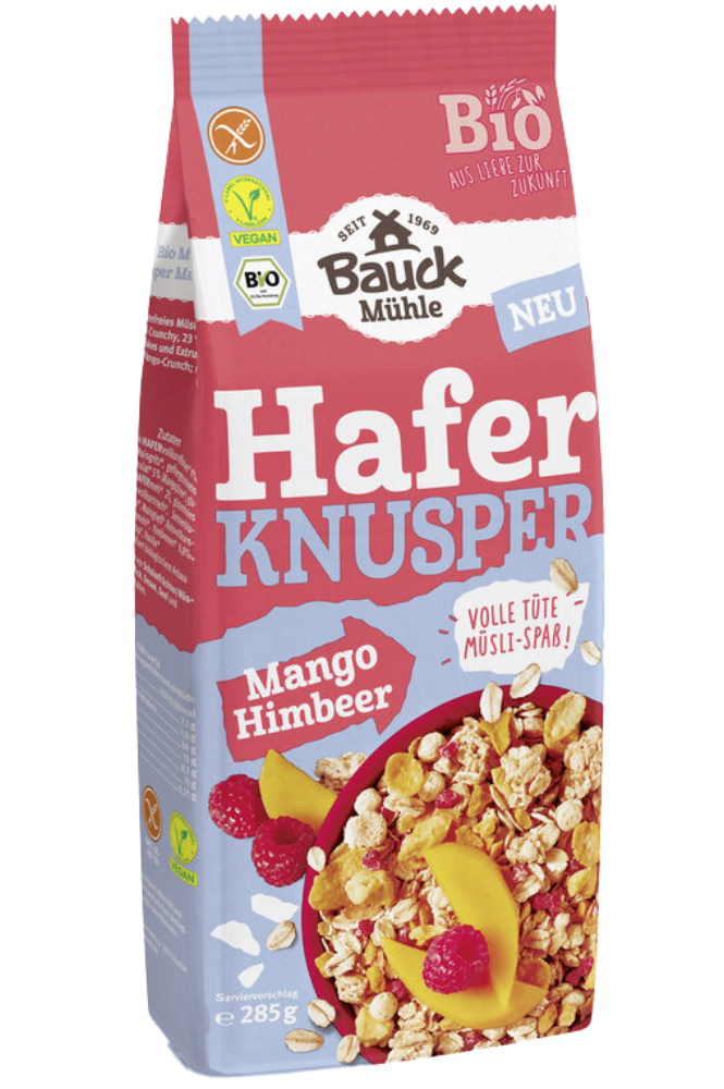 Crispy oat breakfast with mango and raspberries, organic BAUCK MÜHLE, 285 g