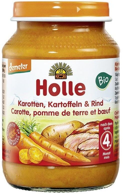 Morkų, bulvių ir jautienos tyrelė kūdikiams nuo 5 mėn., biodinaminė HOLLE, 190 g