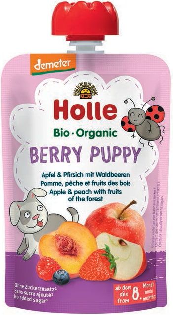 Obuolių tyrelė su persikais ir miško uogomis BERRY PUPPY, kūdikiams nuo 8 mėn., biodinaminė HOLLE