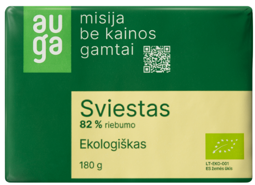 Ekologiškas sviestas 82% rieb. AUGA, 180 g
