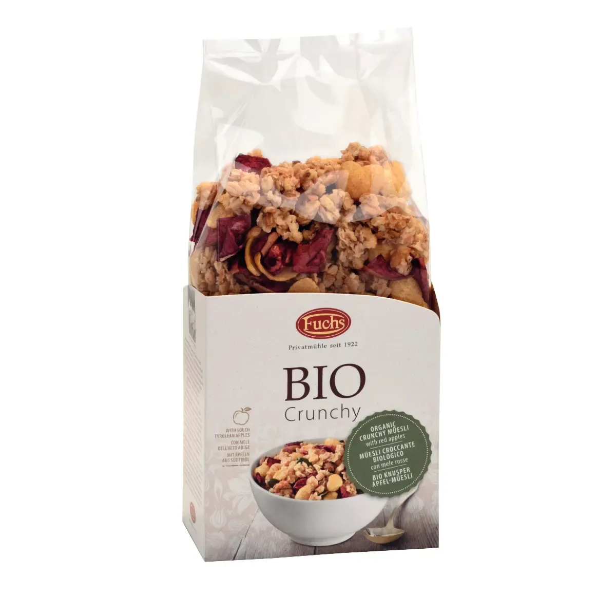 Traškūs dribsniai su raudonais obuoliais BIO CRUNCHY, ekologiški FUCHS