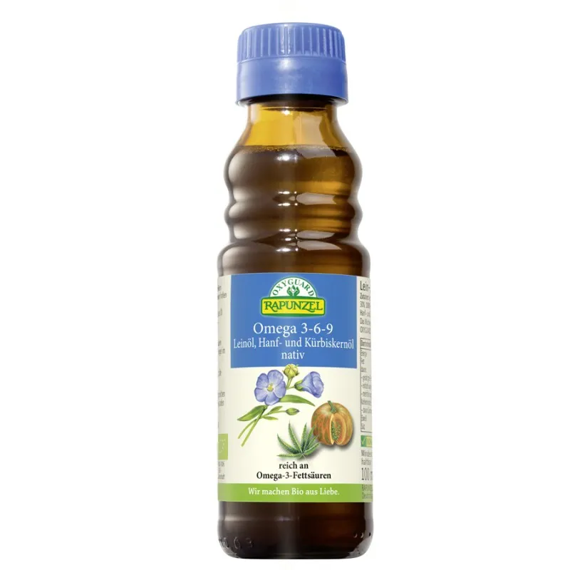 Linų sėmenų, kanapių sėklų ir moliūgų sėklų aliejus „Omega 3-6-9“, ekologiškas RAPUNZEL, 250 ml