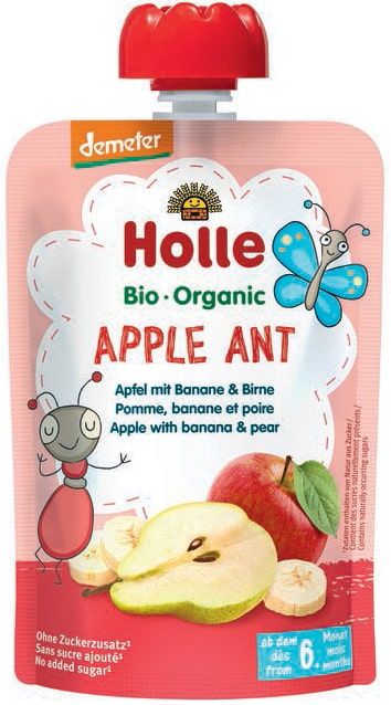 Obuolių, bananų ir kriaušių tyrelė APPLE ANT, kūdikiams nuo 6 mėn., biodinaminė HOLLE, 100 g