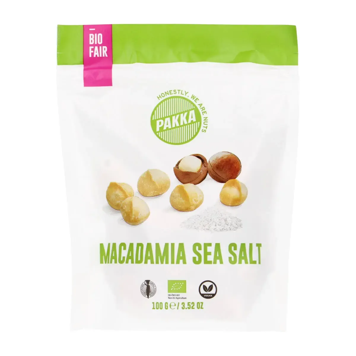 Makadamijų riešutai kepinti ir silpnai sūdyti MACADAMIA SEA SALT, ekologiški PAKKA