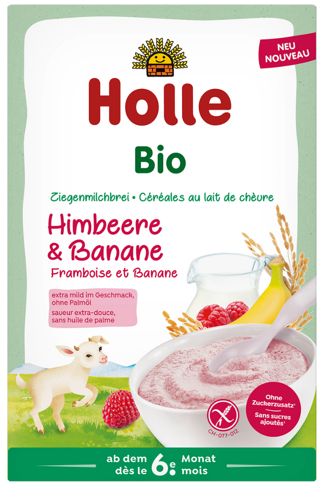 Pieniška košė su avietėmis ir bananais kūdikiams nuo 6 mėn., ekologiška HOLLE, 200 g