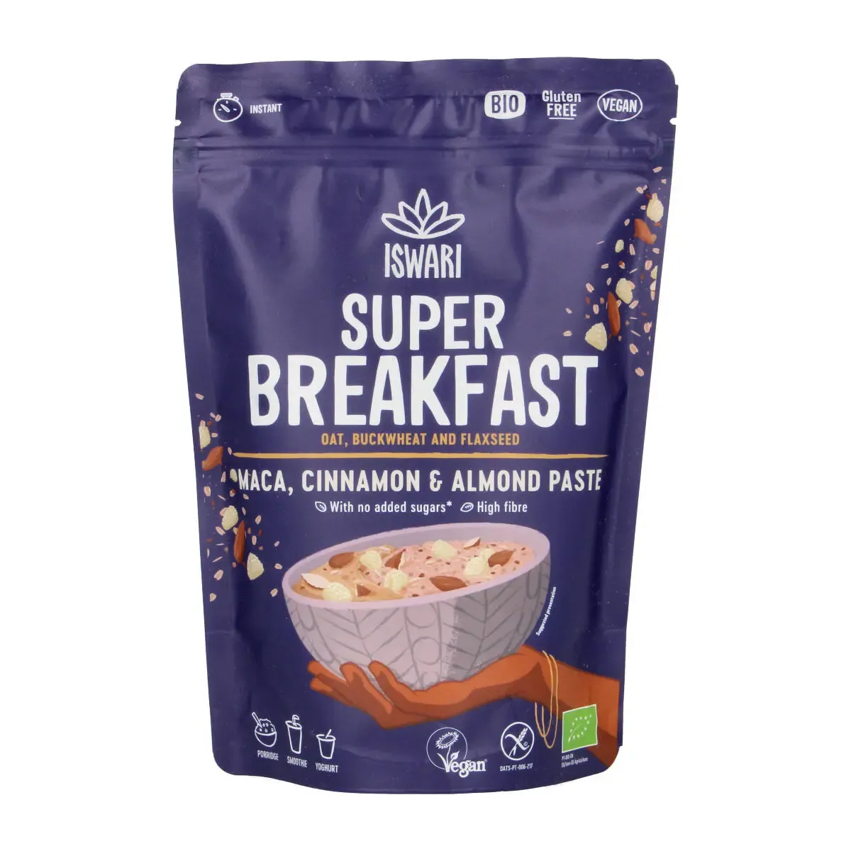 Greito paruošimo avižinė košė MACA, CINNAMON & ALMOND PASTE, ekologiška ISWARI, 360 g